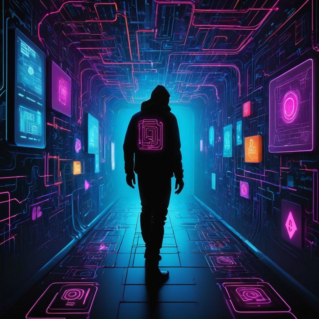 A dynamic illustration of a digital landscape where a figure, shrouded in shadows, navigates through a maze of vibrant data streams and security icons, depicting stealthy browsing. Surrounding elements include lock symbols, hidden paths, and spider webs signifying surveillance, all infused with neon colors that contrast against a darker background. The atmosphere is intense yet optimistic, suggesting mastery of privacy. cyberpunk. vibrant colors. 3D.