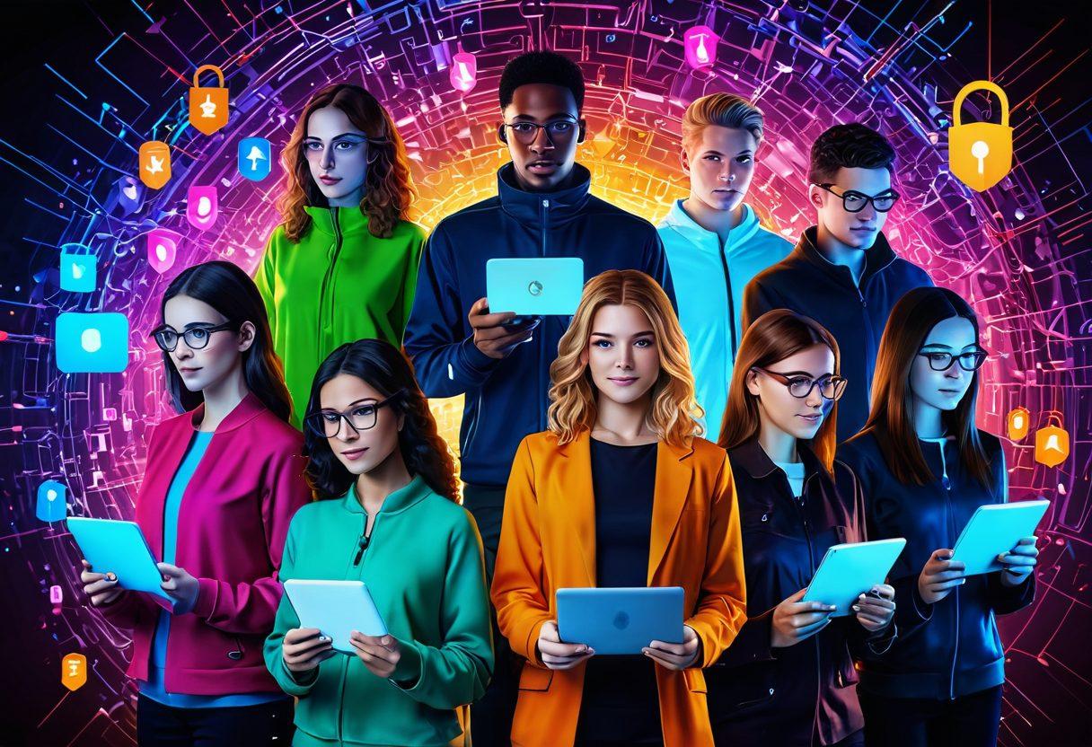 A visually striking image depicting a diverse group of individuals using digital devices, surrounded by glowing locks and shields symbolizing security and privacy. The background features abstract digital code patterns and network connections, evoking a sense of technology and empowerment. Incorporate vibrant colors to convey a sense of optimism and trust. super-realistic. vibrant colors. digital art.