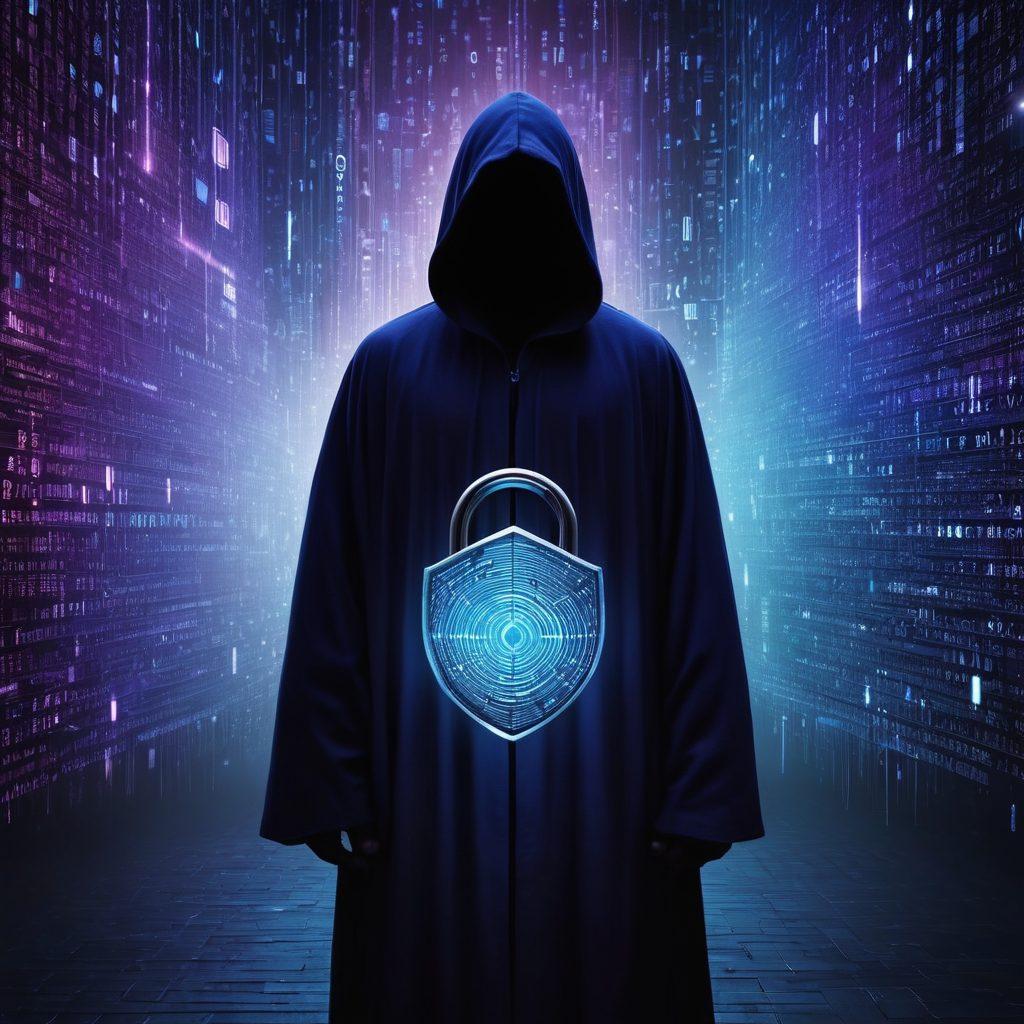 A mysterious figure shrouded in a cloak, standing in front of a glowing digital cityscape, surrounded by floating binary code and virtual shields symbolizing anonymity and cyber safety. The background is a blend of dark blues and purples, creating a sense of intrigue and caution. Include elements like a locked padlock and a shield with a digital fingerprint. super-realistic. vibrant colors. 3D.